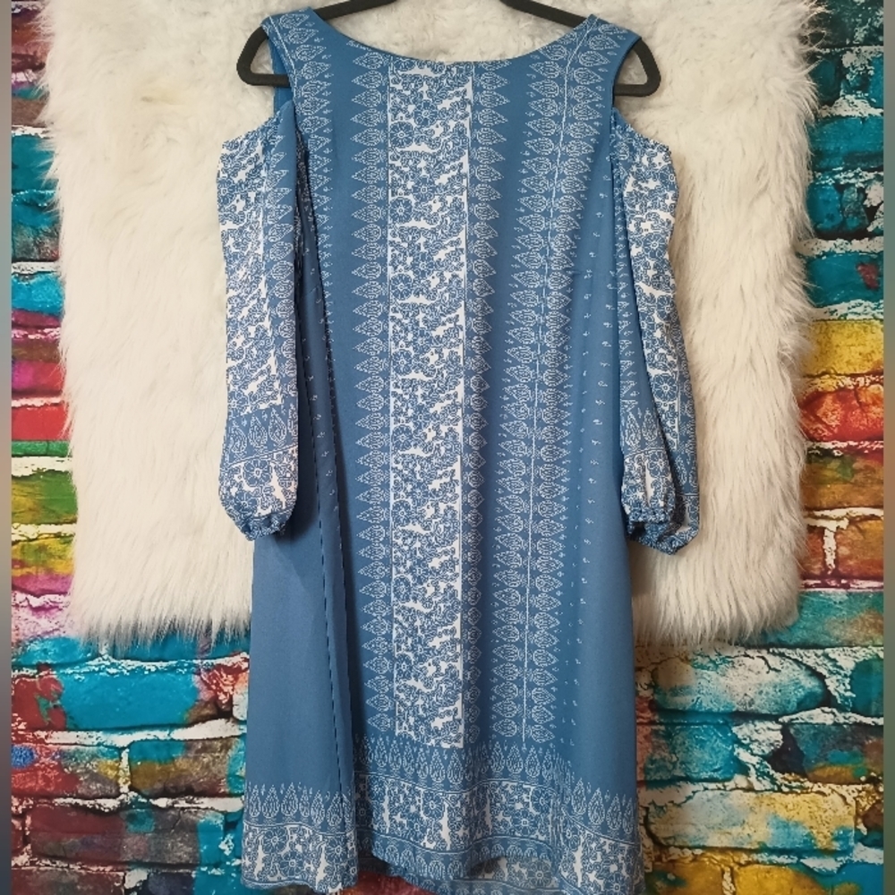 Luxology Blue and White Cold Shoulder Long Sleeve Lined Dress Size 8